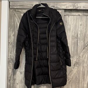 Michael Kors Black Quilted Hooded Puffer Coat with Gold Accents
